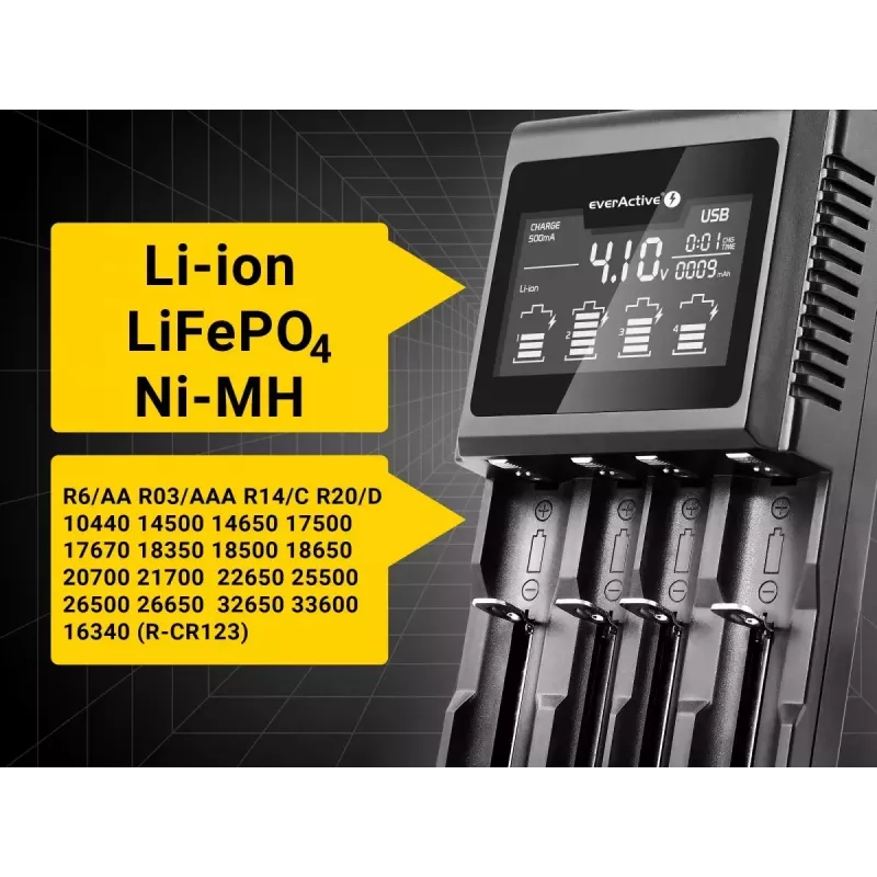Baterijas lādētājs everActive UC-4000 AA/AAA mājsaimniecības baterijām, 4 sloti, 100–240V, melns