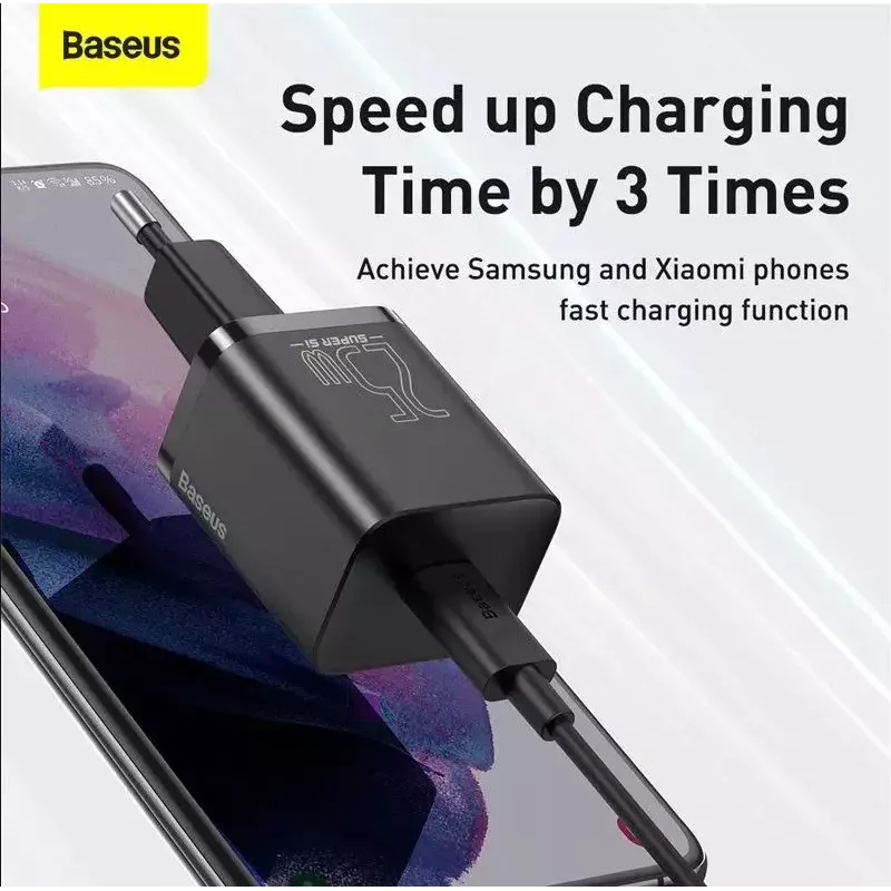 Iekštelpu lādētājs Baseus TZCCSUP-L01, USB-C 1 ports, 18 W, 100–240 V maiņstrāva, 1 m kabelis, melns