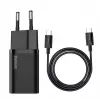 Iekštelpu lādētājs Baseus TZCCSUP-L01, USB-C 1 ports, 18 W, 100–240 V maiņstrāva, 1 m kabelis, melns