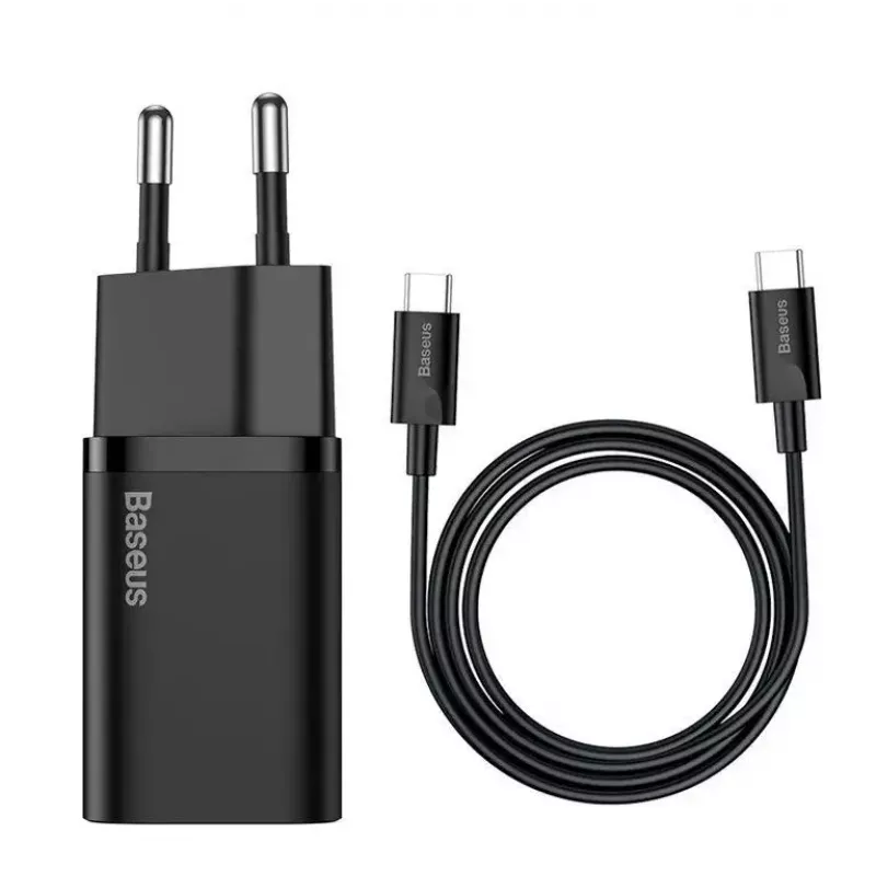 Iekštelpu lādētājs Baseus TZCCSUP-L01, USB-C 1 ports, 18 W, 100–240 V maiņstrāva, 1 m kabelis, melns