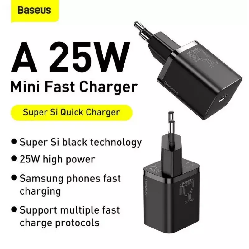 Iekštelpu lādētājs Baseus TZCCSUP-L01, USB-C 1 ports, 18 W, 100–240 V maiņstrāva, 1 m kabelis, melns