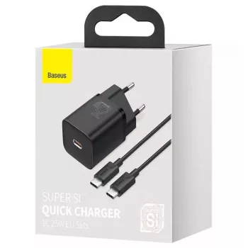 Iekštelpu lādētājs Baseus TZCCSUP-L01, USB-C 1 ports, 18 W, 100–240 V maiņstrāva, 1 m kabelis, melns