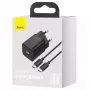 Iekštelpu lādētājs Baseus TZCCSUP-L01, USB-C 1 ports, 18 W, 100–240 V maiņstrāva, 1 m kabelis, melns