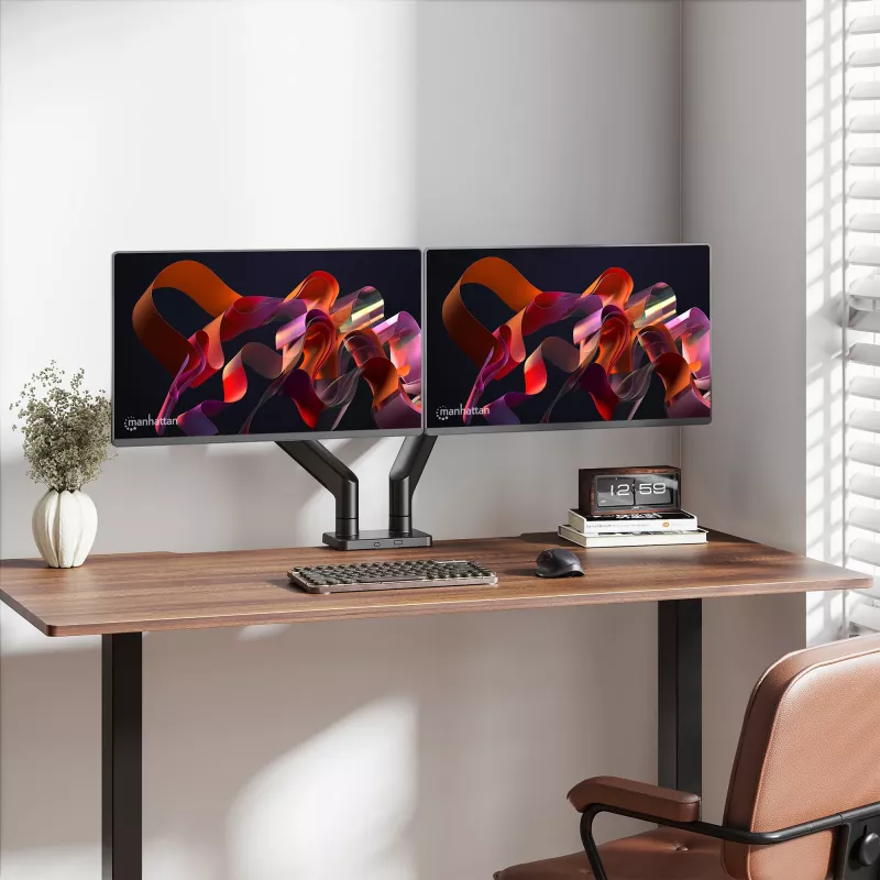Manhattan TV un monitora stiprinājums uz galda, pilna kustību amplitūda ar atsperi, 2 ekrāni, 13–45 collas, melns