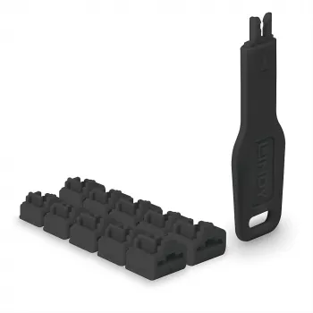 Portu bloķētāju komplekts Lindy RJ45 Port Locks Melns — 10 gabali + 1 atslēga, savietojams ar RJ-45 pieslēgvietām
