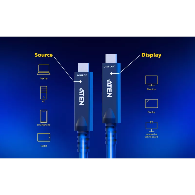 USB-C aktīvais optiskais kabelis 15 m ATEN UE3415F — USB-C uz USB-C, 15 Gbit/s, melns