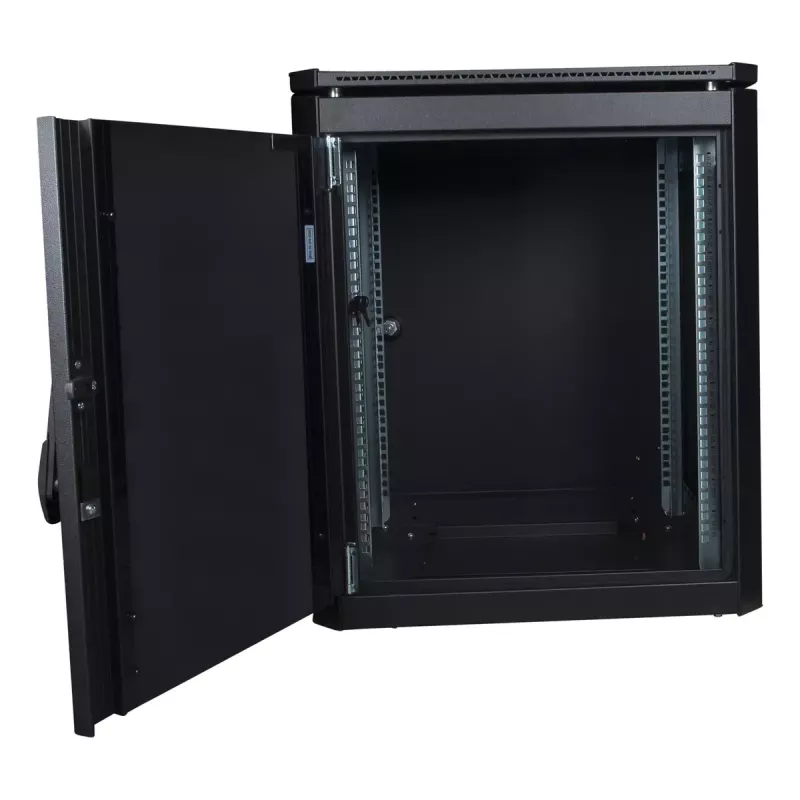Brīvi stāvošs statīvs Lanview RDL12U66BL — 12U, 600 kg, atslēgas slēdzene, regulējamas kājas, kabeļu pārvaldība, IP40, melns