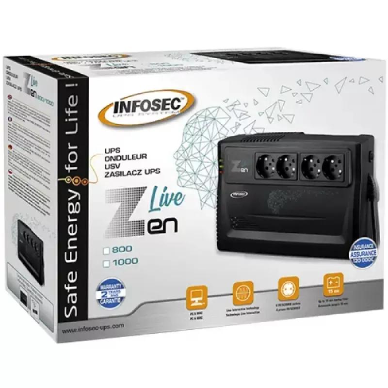 Nepārtrauktas barošanas avots Infosec Zen Live 800 Line-Interactive 0,8 kVA (480 W) 4 maiņstrāvas kontaktligzdas, 12 V 7 Ah baterija