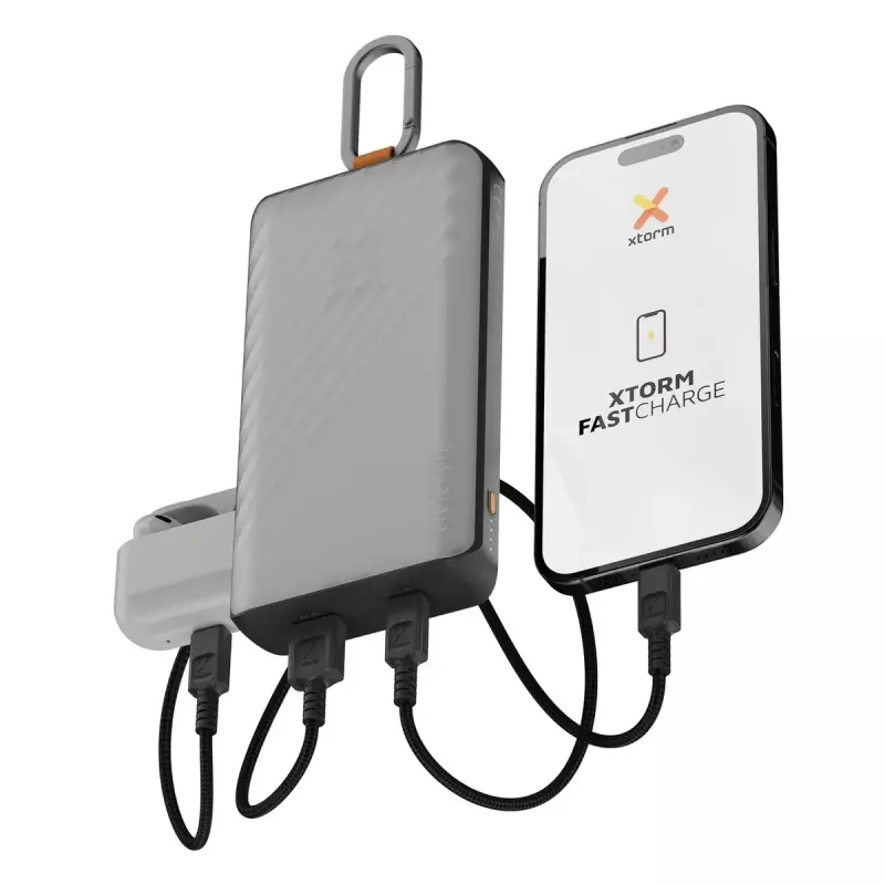 Ārējais akumulators Xtorm XG2S101 — 10000 mAh LiPo, 30 W, USB‑C + USB‑A, pelēks/melns/oranžs