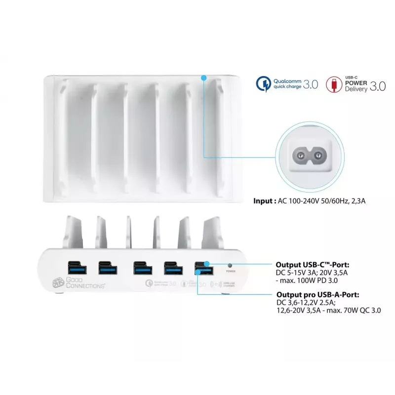 Alcasa PCA-D006W brīvi stāvoša uzlādes stacija, balta, 110 W, 100–240 V