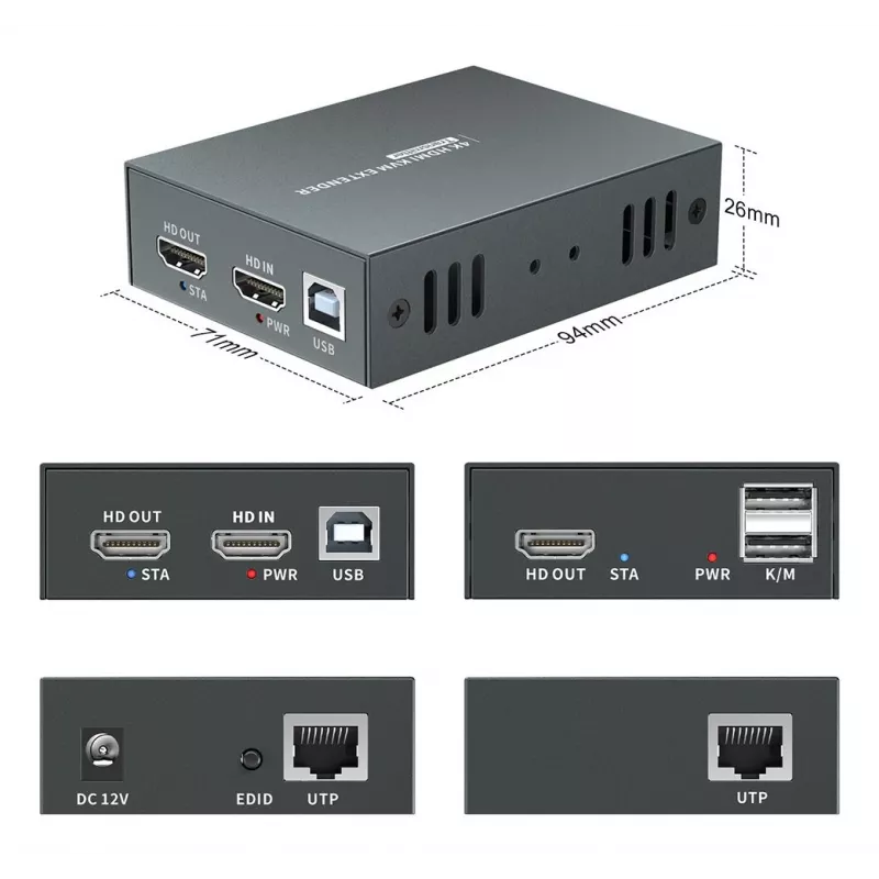 AV pagarinātājs (raidītājs un uztvērējs) LEVELONE HVE-8111, 3840x2160, Cat6, USB-A/USB-B, līdzstrāva 12V (2 gab.)