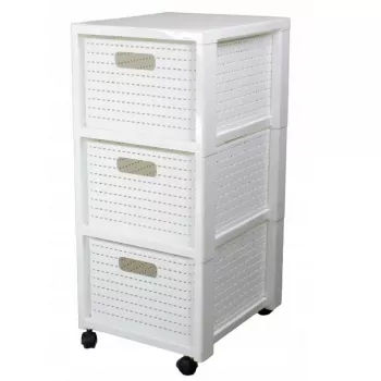 Plaukts rotho Country plastmasas glabāšanas plaukts ar 3 atvilktnēm, balts, 71,2×32,5×37,5 cm, tehnopolimērs, riteņi