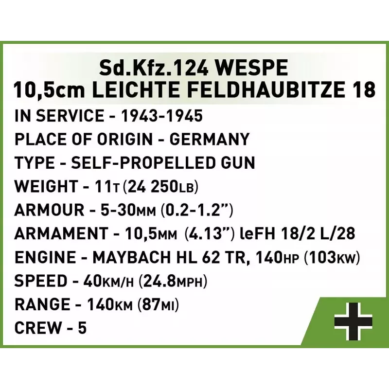 Cobi Blocks SD.KFZ.124 Wespe modeļa komplekts, 860 klucīši