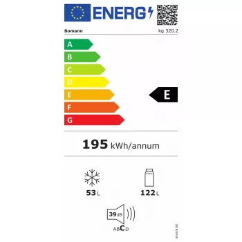 Brīvi stāvošs ledusskapis BOMANN KG 320.2 – 165 L kopā (ledusskapis 122 L, saldētava 43 L), E klase, 143 cm, balts
