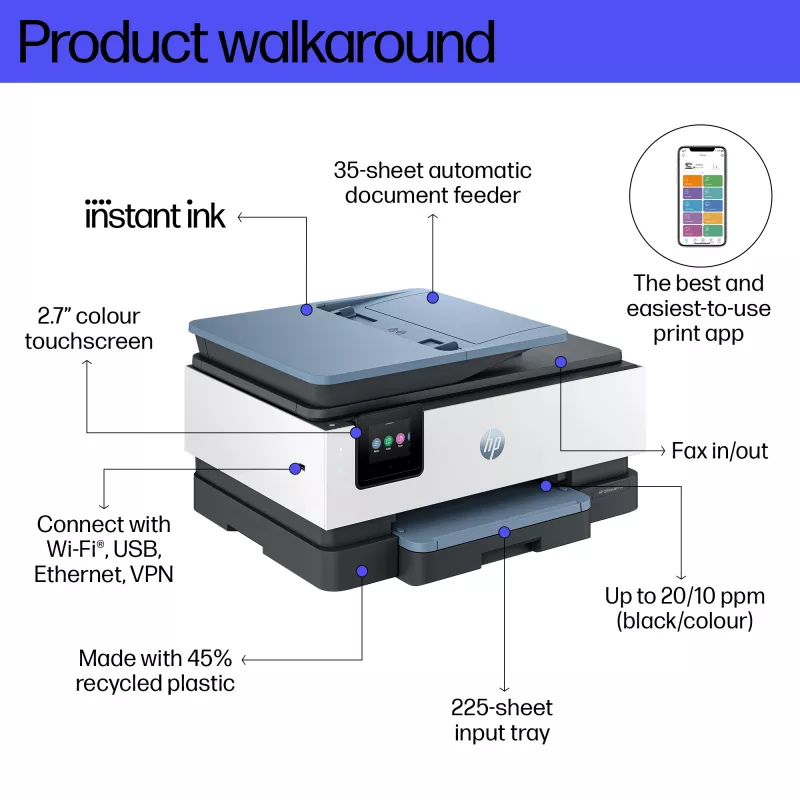 HP OfficeJet Pro 8125e Bezvadu Daudzfunkciju Krāsu Printeris, Instant Ink; Divpusējā drukāšana