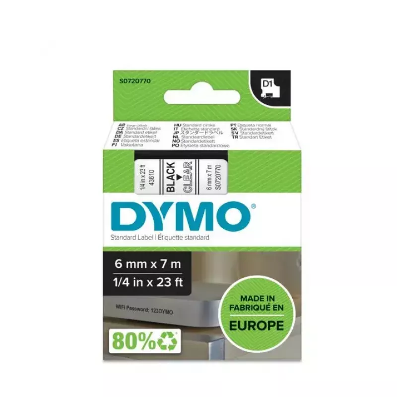 DYMO Authentic D1 uzlīmes | Melna druka uz caurspīdīgas lentes | 6 mm x 7 m | Pašlīmējošas uzlīmes LabelManager etiķešu printeriem | Ražots Eiropā
