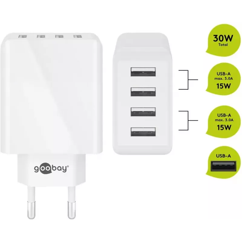 Iekštelpu lādētājs Wentronic 44962 universāls balts 4 USB pieslēgvietas 5V