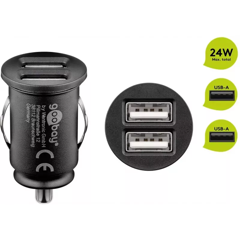 Goobay Dual-USB Car Charger 24 W Melns Fast Charging Over Current Protection