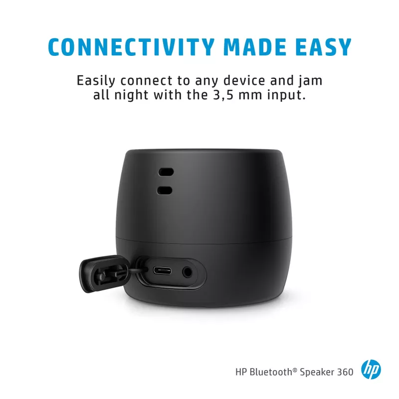 HP Black Bluetooth Speaker 360, vadu un bezvadu, Mono portatīvais skaļrunis, Melns, Cilindrs, Pogas, Universāls