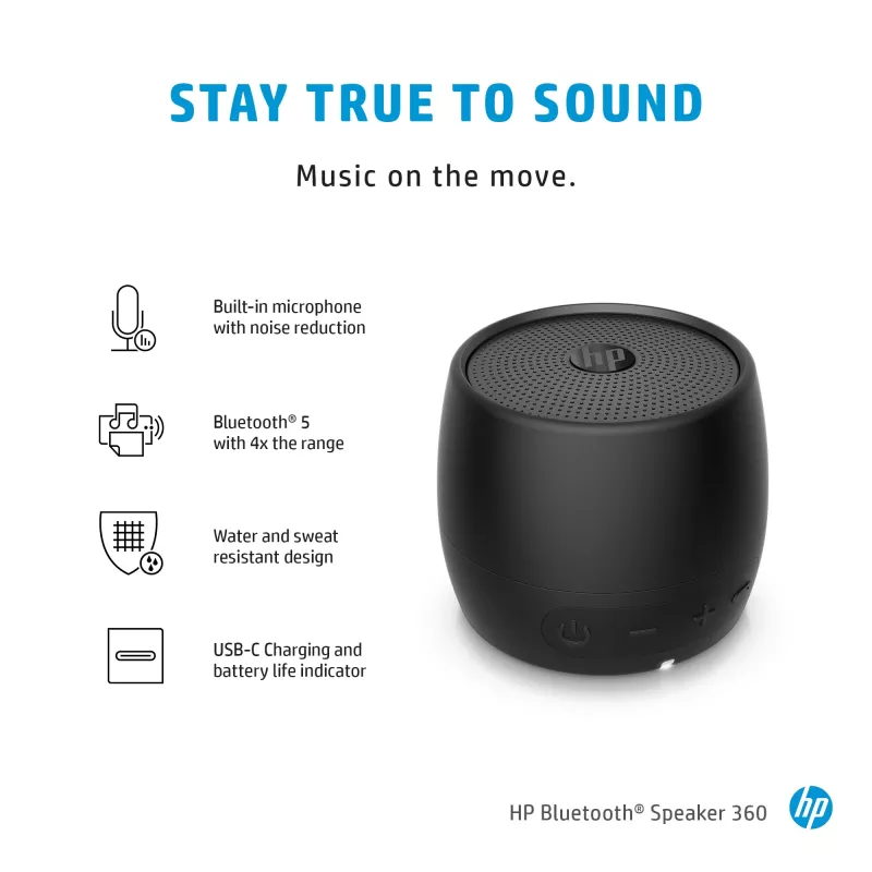 HP Black Bluetooth Speaker 360, vadu un bezvadu, Mono portatīvais skaļrunis, Melns, Cilindrs, Pogas, Universāls