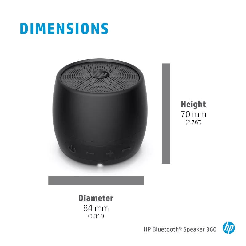 HP Black Bluetooth Speaker 360, vadu un bezvadu, Mono portatīvais skaļrunis, Melns, Cilindrs, Pogas, Universāls