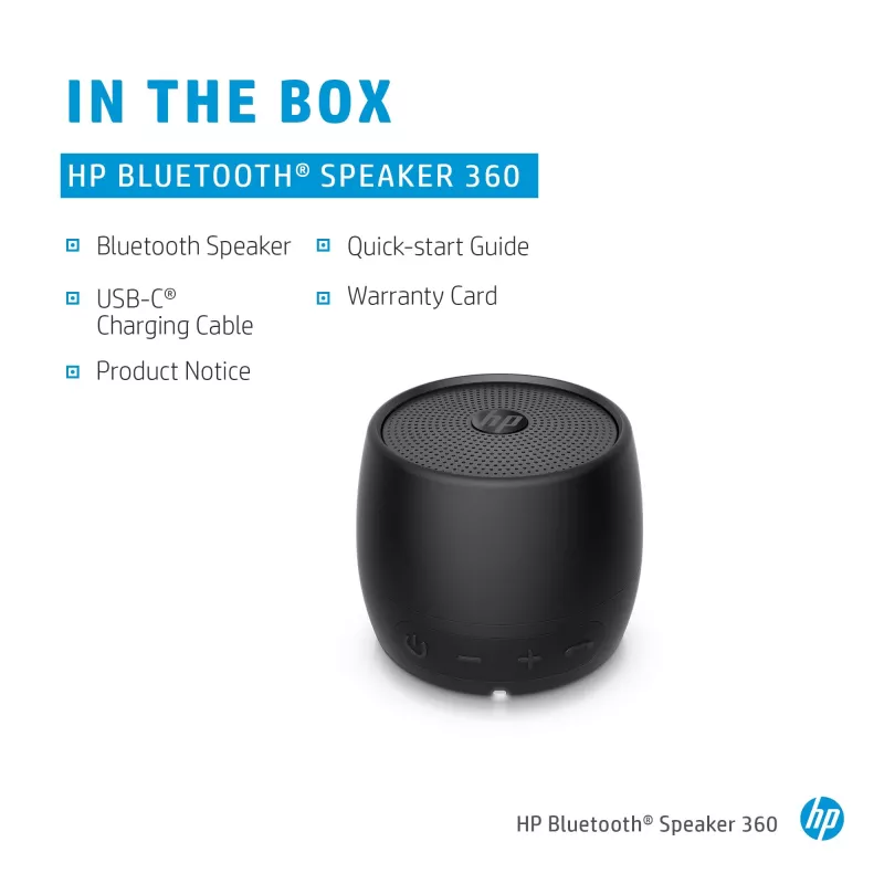 HP Black Bluetooth Speaker 360, vadu un bezvadu, Mono portatīvais skaļrunis, Melns, Cilindrs, Pogas, Universāls