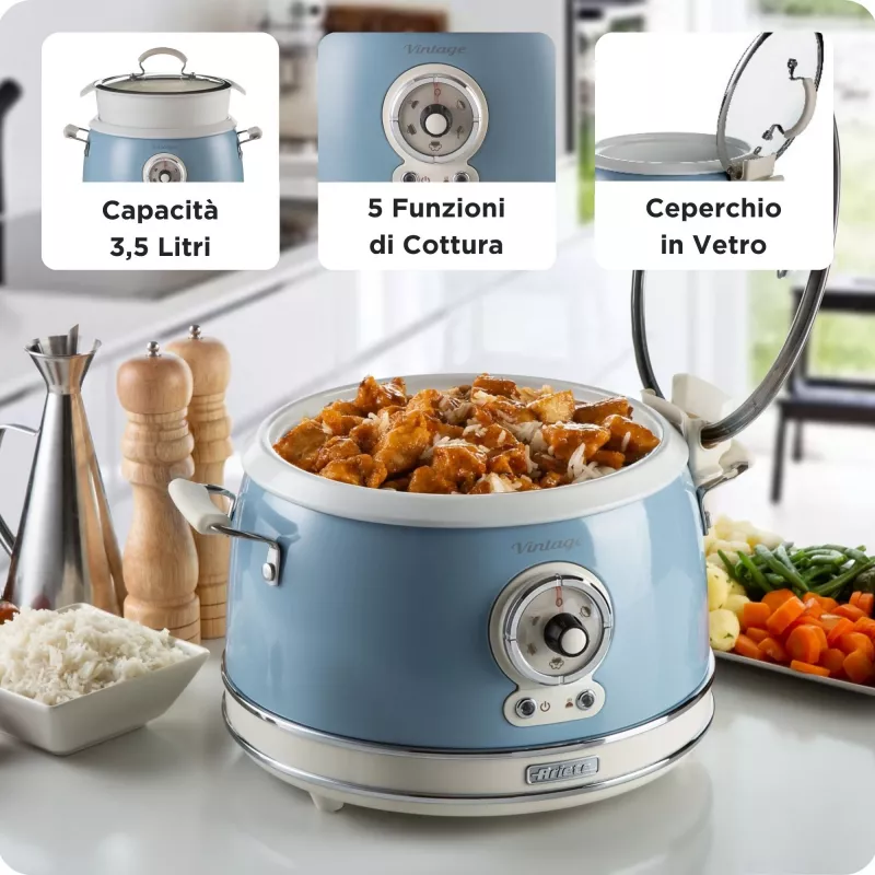 Ariete 2904 Rīsu plīts - Elektriskā rīsu plīts ar keramikas bļodu - Pašgatavots suši - Multivārs - Vintage līnija - 3,5 L - 650 W - Zila