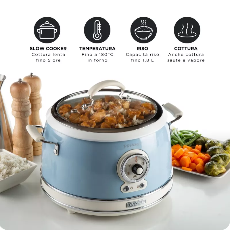 Ariete 2904 Rīsu plīts - Elektriskā rīsu plīts ar keramikas bļodu - Pašgatavots suši - Multivārs - Vintage līnija - 3,5 L - 650 W - Zila