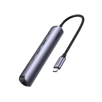 Ugreen 10919 klēpjdatora dokstacija/porta replikators, vadu, USB 3.2 Gen 1 (3.1 Gen 1) Type-C, pelēks