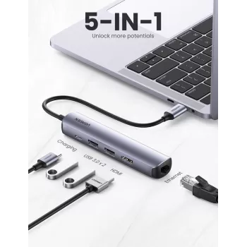 Ugreen 10919 klēpjdatora dokstacija/porta replikators, vadu, USB 3.2 Gen 1 (3.1 Gen 1) Type-C, pelēks