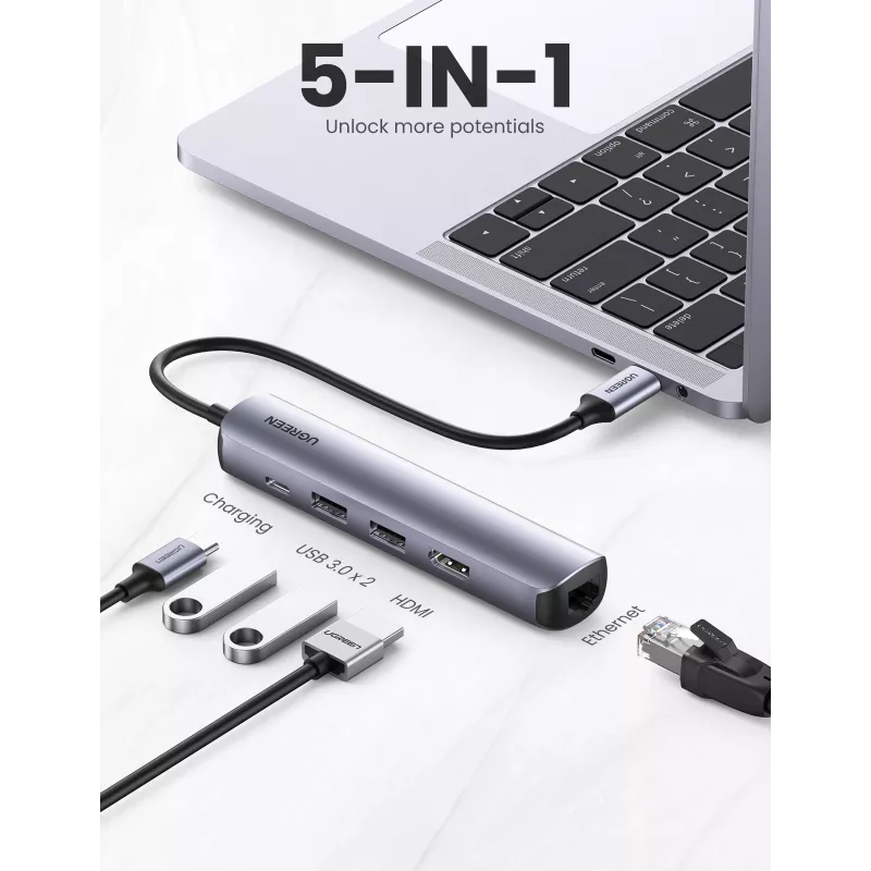 Ugreen 10919 klēpjdatora dokstacija/porta replikators, vadu, USB 3.2 Gen 1 (3.1 Gen 1) Type-C, pelēks