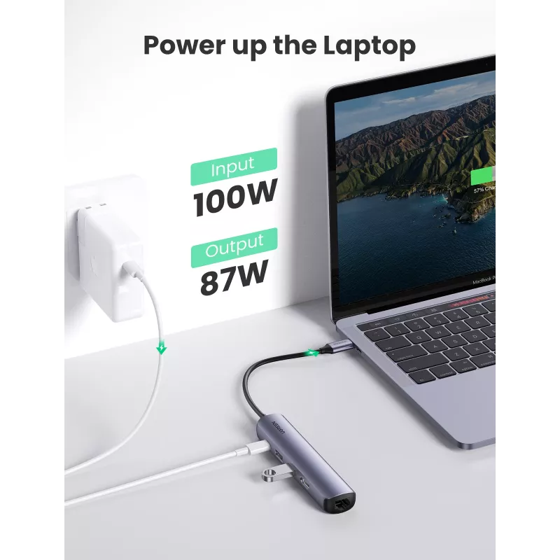 Ugreen 10919 klēpjdatora dokstacija/porta replikators, vadu, USB 3.2 Gen 1 (3.1 Gen 1) Type-C, pelēks