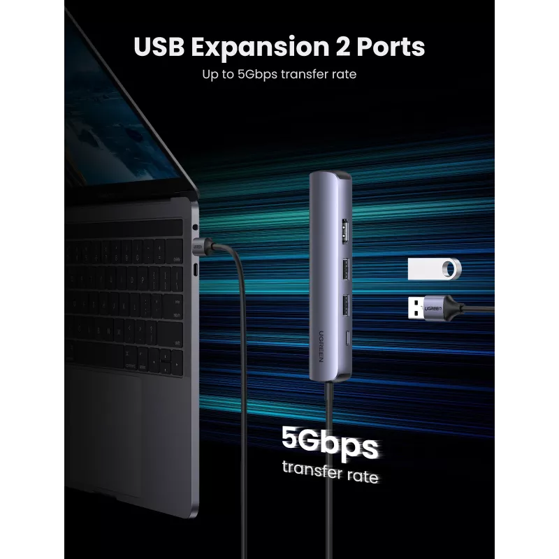 Ugreen 10919 klēpjdatora dokstacija/porta replikators, vadu, USB 3.2 Gen 1 (3.1 Gen 1) Type-C, pelēks