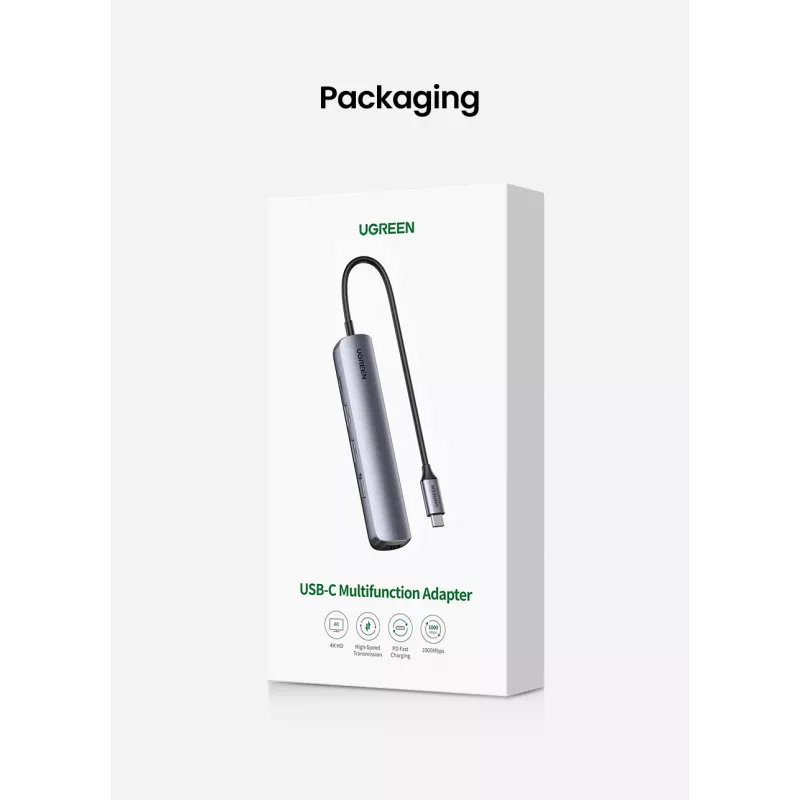 Ugreen 10919 klēpjdatora dokstacija/porta replikators, vadu, USB 3.2 Gen 1 (3.1 Gen 1) Type-C, pelēks