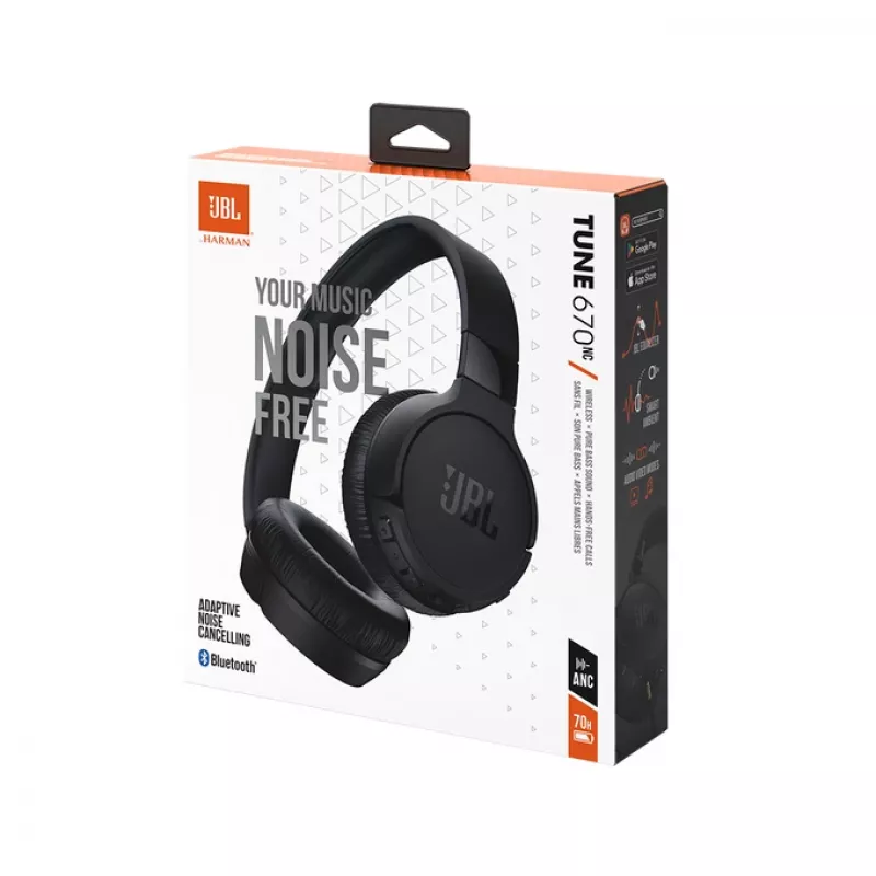 JBL Tune 670 NC austiņas ar vadu un bezvadu savienojumu, galvas lentes tipa, zvani/mūzika, USB Type-C, Bluetooth, melnas