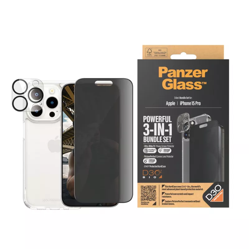 PanzerGlass Privacy 3-in-1 Pack iPhone 15 Pro triecienizturīgs rūdītais stikls
