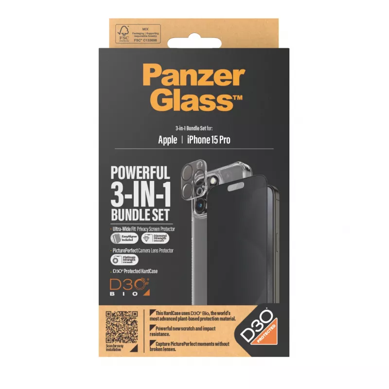 PanzerGlass Privacy 3-in-1 Pack iPhone 15 Pro triecienizturīgs rūdītais stikls