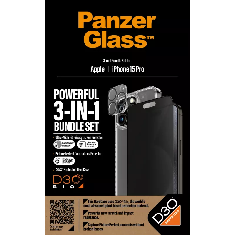 PanzerGlass Privacy 3-in-1 Pack iPhone 15 Pro triecienizturīgs rūdītais stikls