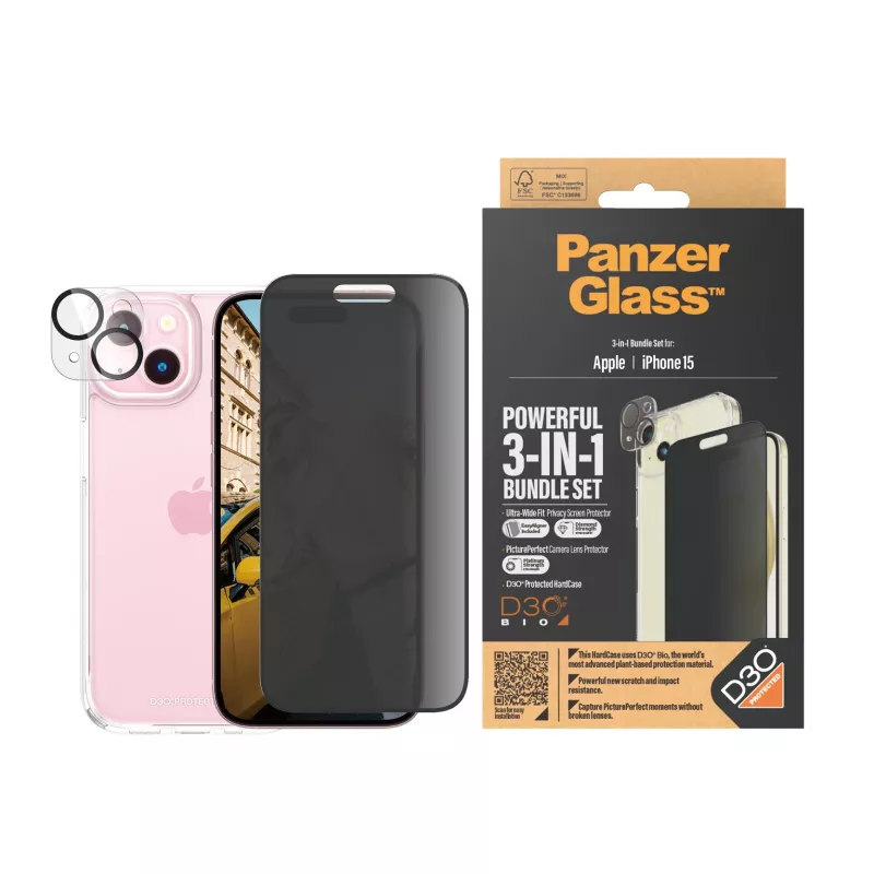 PanzerGlass ® Privacy 3-in-1 Pack iPhone 15 Triecienizturīgs Rūdītais Stikls