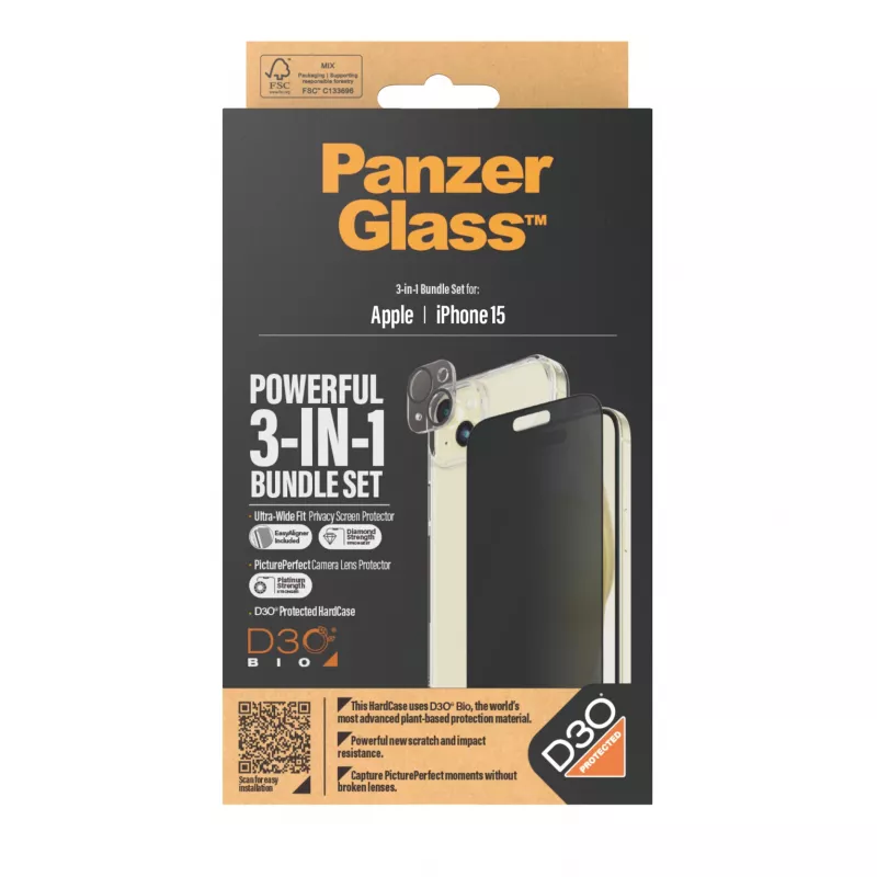 PanzerGlass ® Privacy 3-in-1 Pack iPhone 15 Triecienizturīgs Rūdītais Stikls