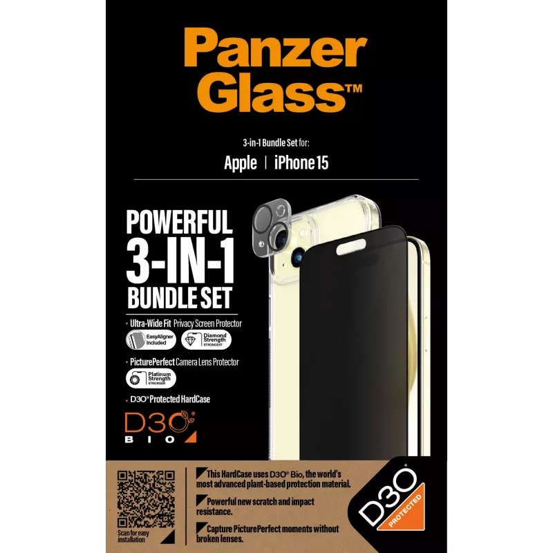 PanzerGlass ® Privacy 3-in-1 Pack iPhone 15 Triecienizturīgs Rūdītais Stikls