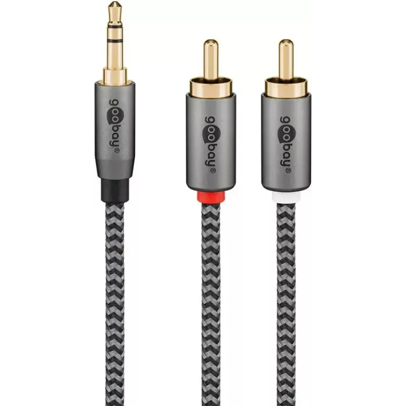 Audio kabelis WENTRONIC Goobay 65290 — 3.5mm spraudnis uz 2×RCA spraudni, 5 m, varš, zeltīti kontakti, magnētiski ekranēts