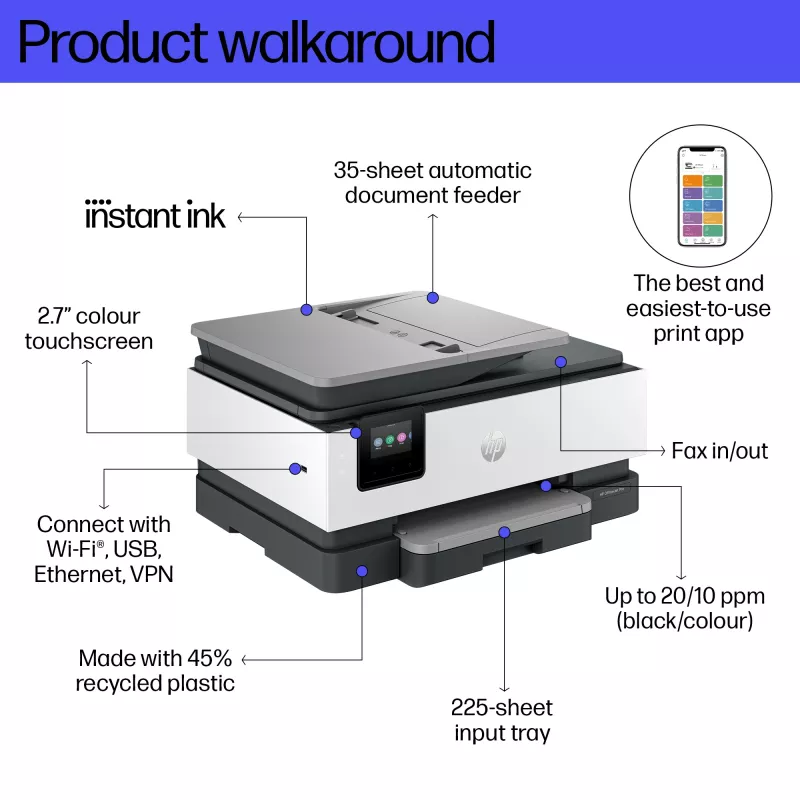 HP OfficeJet Pro 8134e Bezvadu daudzfunkciju krāsu printeris, Instant Ink; abpusēja drukāšana