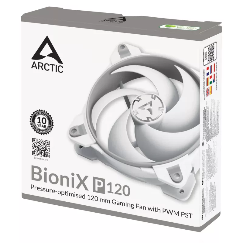 ARCTIC BioniX P120 (Pelēks/Balts) – Spiediena optimizēts 120 mm spēļu ventilators ar PWM PST