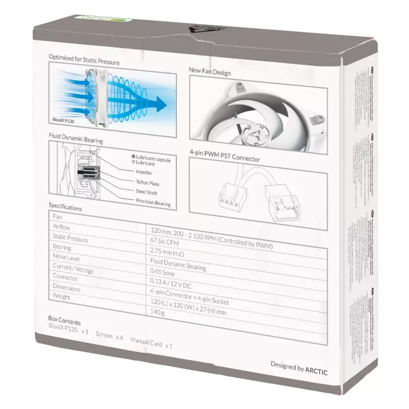 ARCTIC BioniX P120 (Pelēks/Balts) – Spiediena optimizēts 120 mm spēļu ventilators ar PWM PST