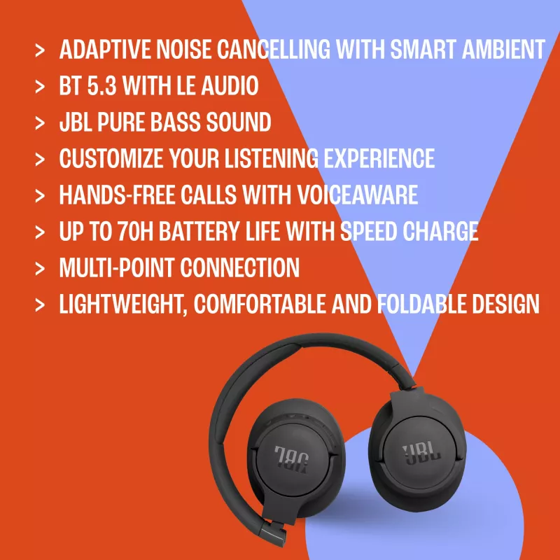 JBL Tune 770NC austiņas, vadu un bezvadu, galvas saite, zvaniem/mūzikai, USB Type-C, Bluetooth, melnas