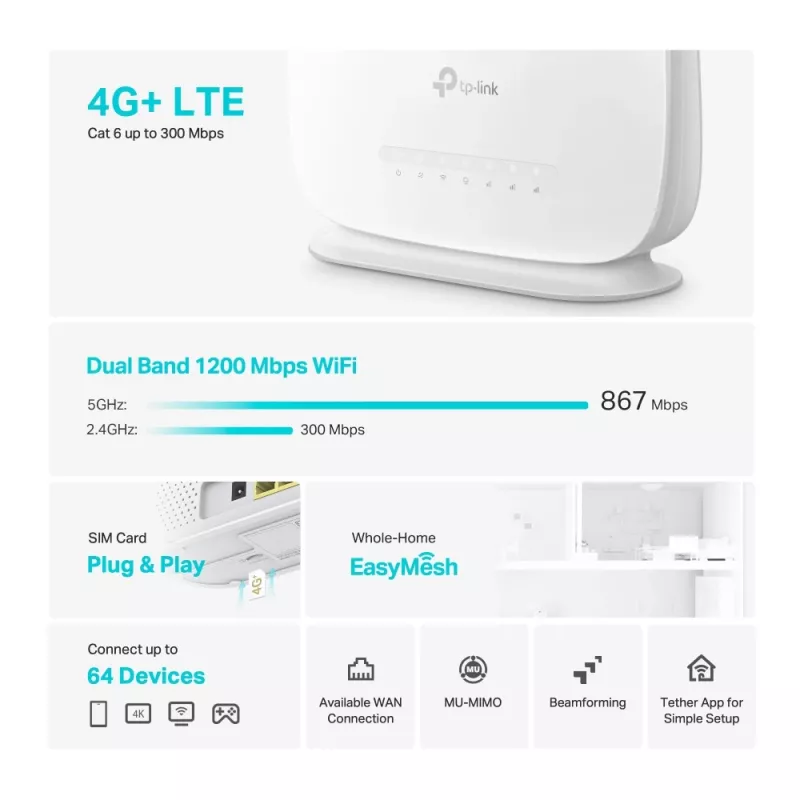 TP-Link Archer 4G+ Cat6 AC1200 bezvadu divjoslu gigabitu maršrutētājs