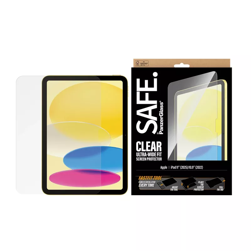 PanzerGlass SAFE. by ® ekrāna aizsargs iPad 11 collas (2025-2026) | 10.9 collas (2022) | īpaši plats pielāgojums ar Fastfit rīku