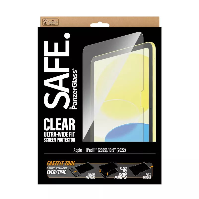 PanzerGlass SAFE. by ® ekrāna aizsargs iPad 11 collas (2025-2026) | 10.9 collas (2022) | īpaši plats pielāgojums ar Fastfit rīku