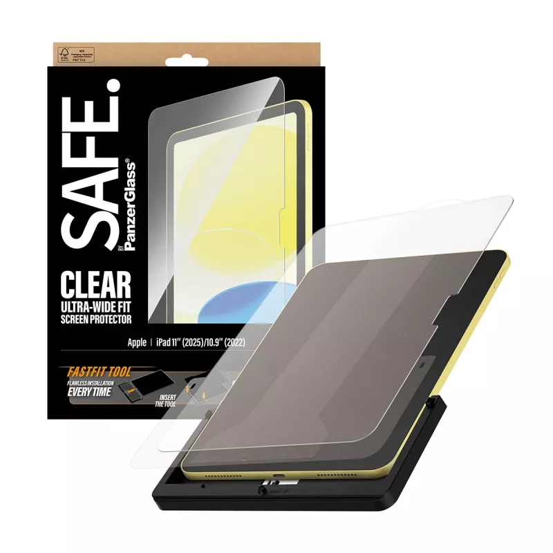 PanzerGlass SAFE. by ® ekrāna aizsargs iPad 11 collas (2025-2026) | 10.9 collas (2022) | īpaši plats pielāgojums ar Fastfit rīku
